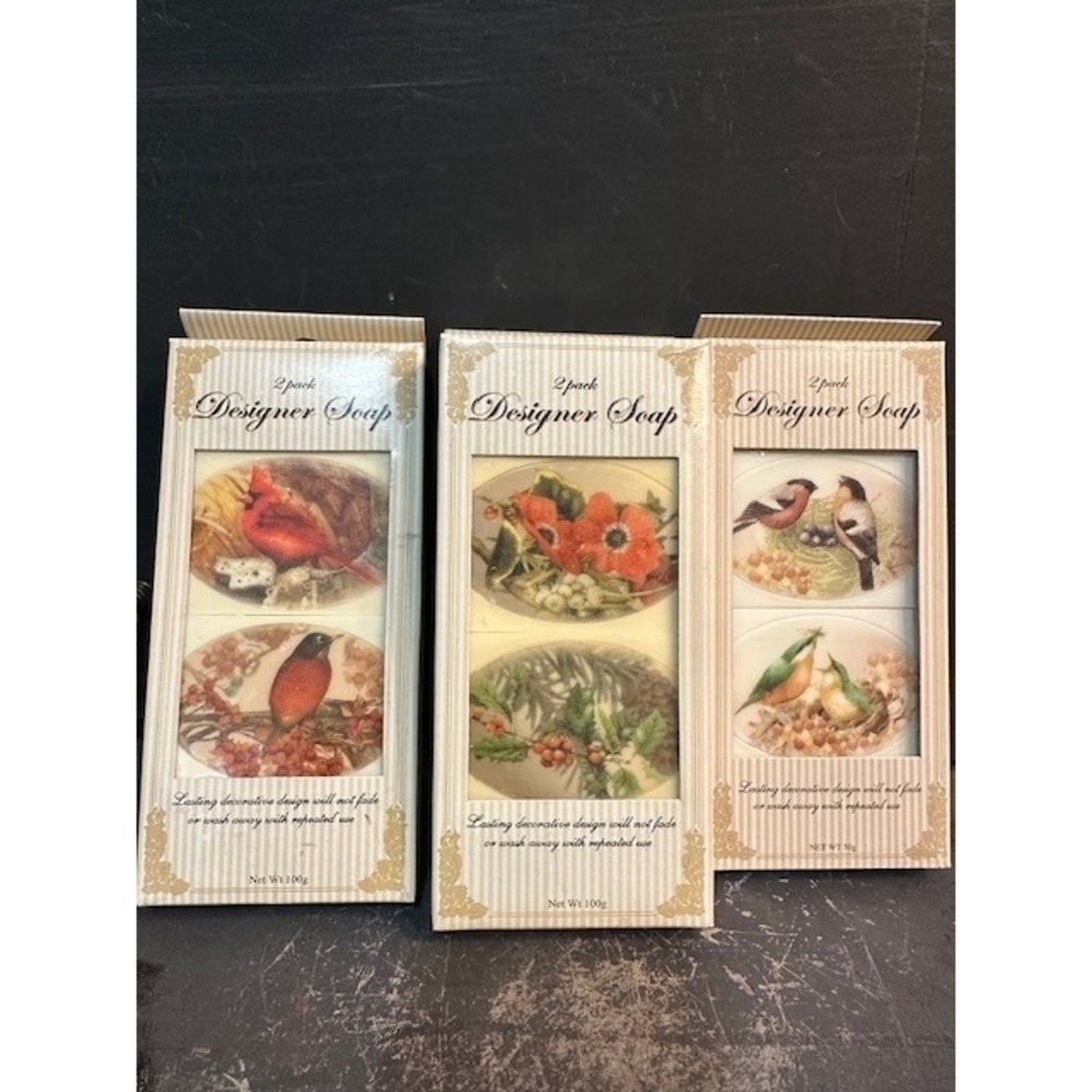 Vintage Style Designer Soap Set 3 Packs 6 Bars Total Birds Flowers Nature Art